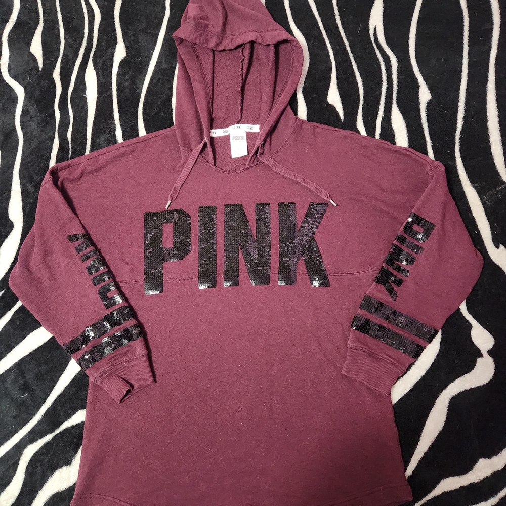 PINK Victoria's Secret Maroon Hoodie with Black Sequin Logo